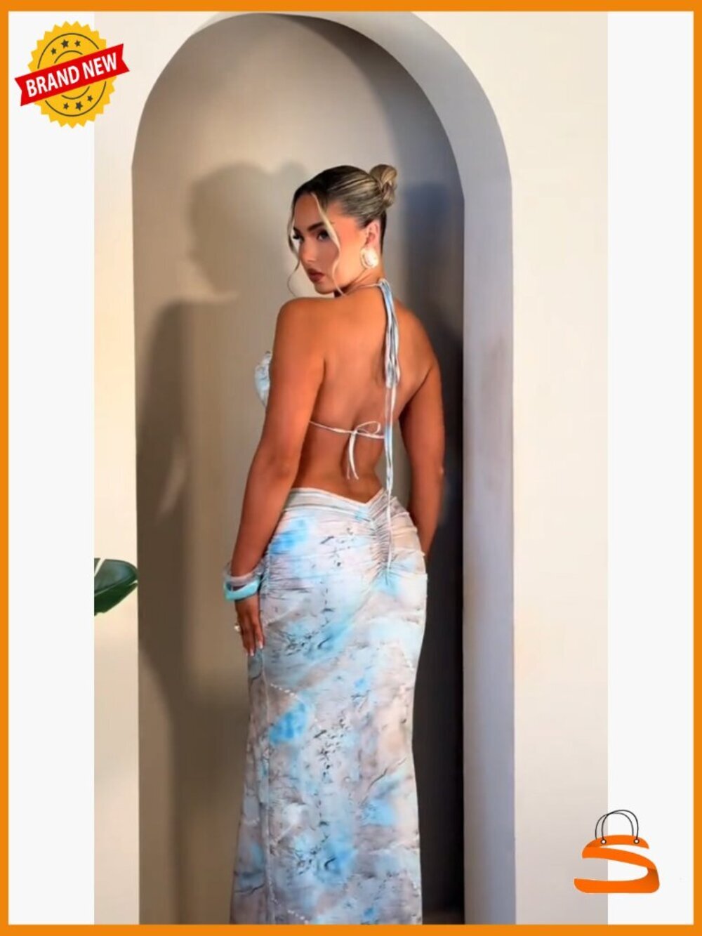 Sexy 2 Piece Maxi Skirt Set Ruched Backless Crop Top Cut Out Skirt - Picture 7 of 7